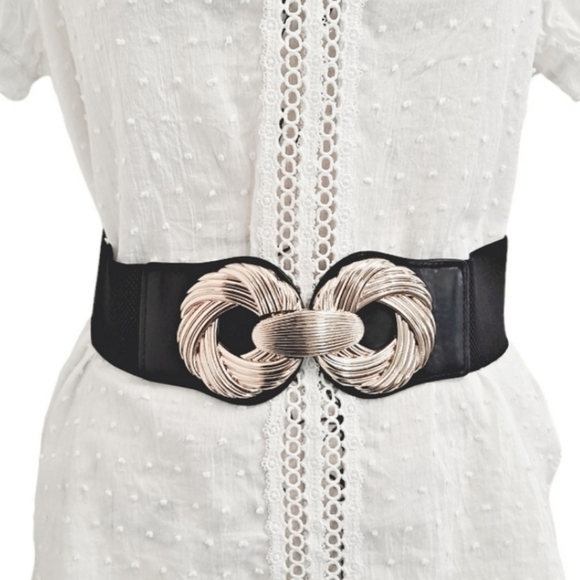 Boutique Accessories - Corset Black wide waist elastic stretch belt metal gold swirls buckle